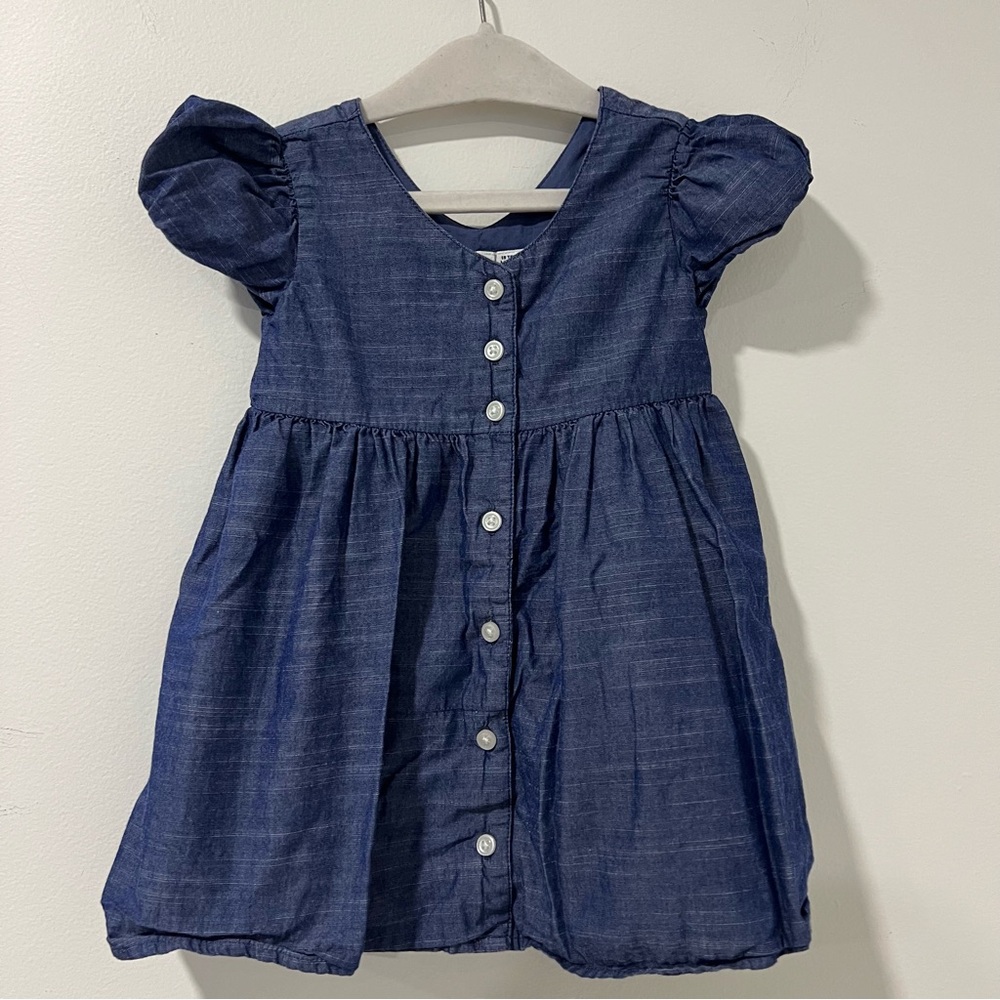 Janie and Jack Girls Navy Blue Chambray Puff Sleeve Button-Front Cotton Dress